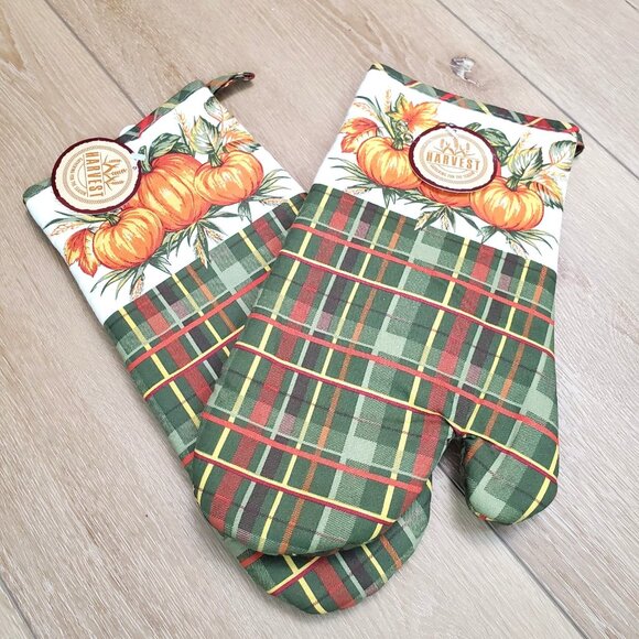 Set of 2 Thanksgiving Harvest Pumpkin Fall Green Plaid NWT Country Cottage Cottn - Picture 1 of 5